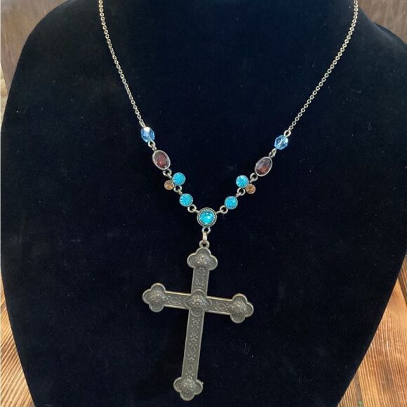 Handcrafted Bump’s Creations Rhinestone And Iron Cross Necklace - Picture 1 of 6